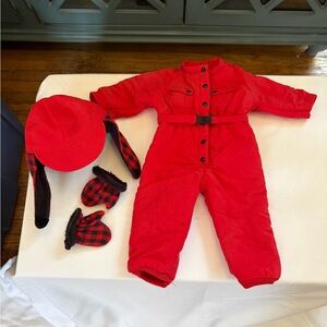 American Girl Red Snowsuit with Checkered Hat and Mittens